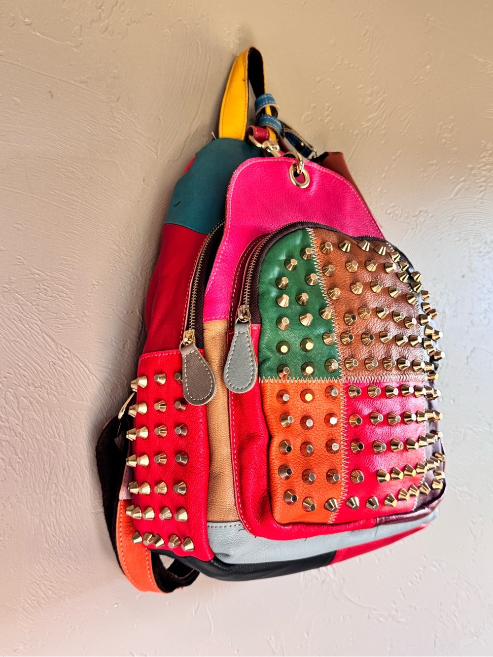 AmeriLeather Studded Patchwork Leather Backpack with Coin Purse - Picture 2 of 16